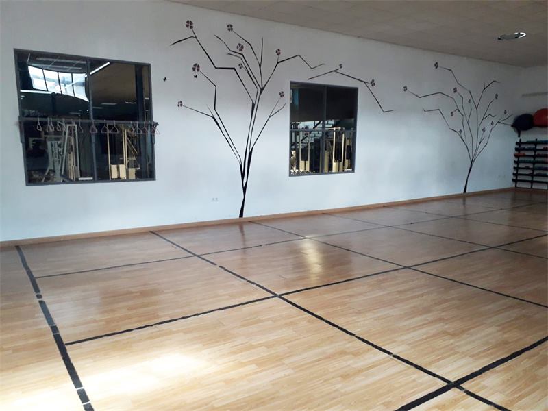 Sala de actividades dirigidas del gimnasio con parquet y ventanales